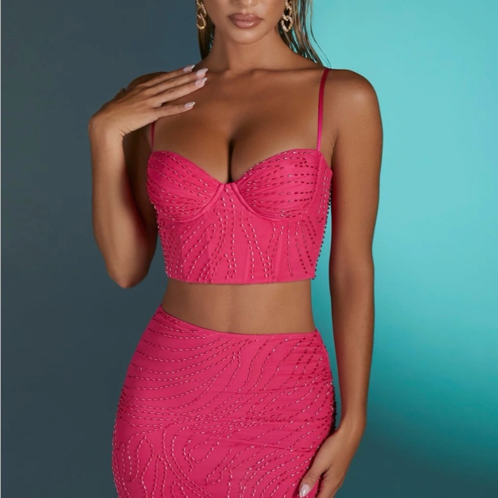 Oh Polly Pink Embellished Crop Top and Skirt Set